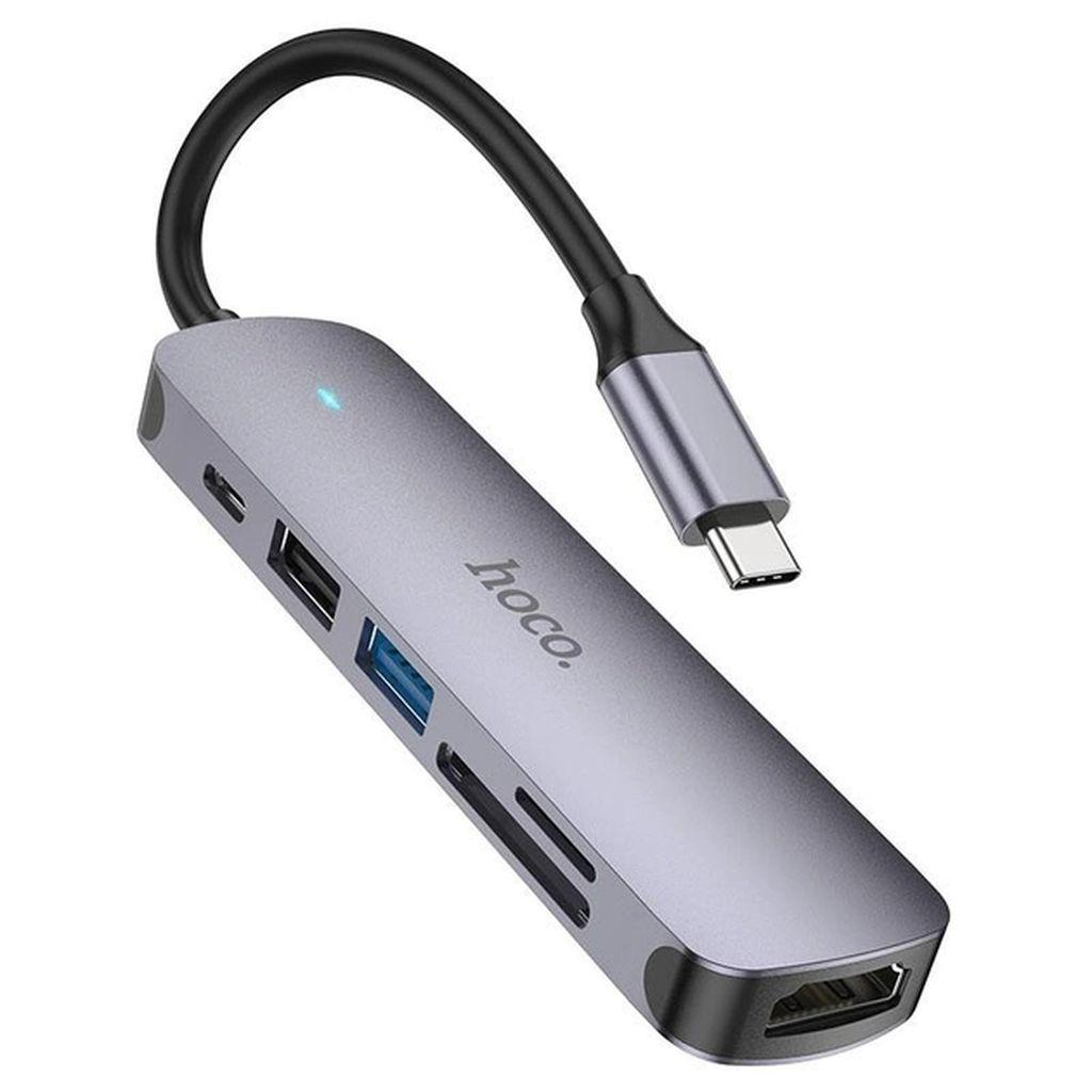 Адаптер HOCO HB28 USB-C to multi, 6 в 1, серый