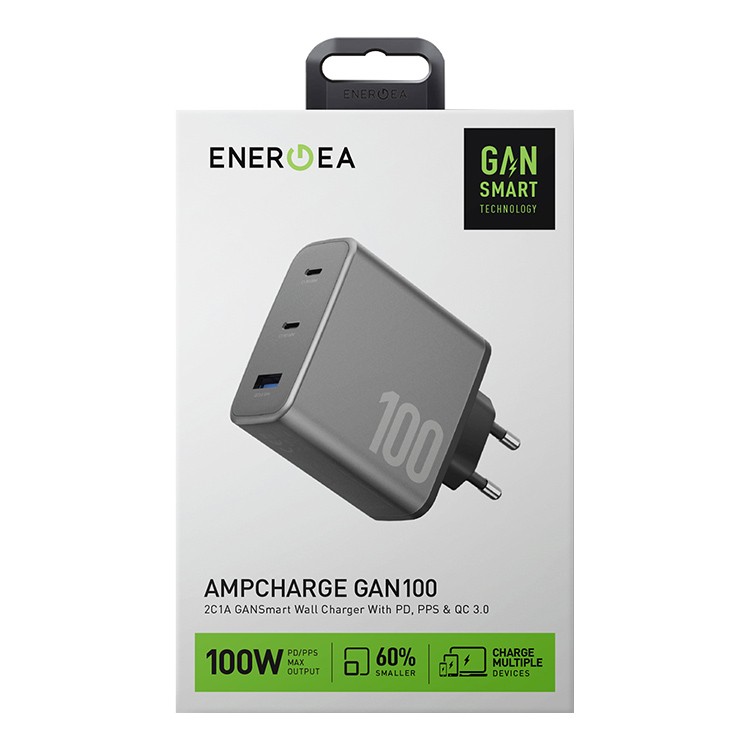 EnergEA AmpCharge GaN100, 2USB-C + USB-A PD/PPS/QC3.0 total 100W, серый (Gunmetal)