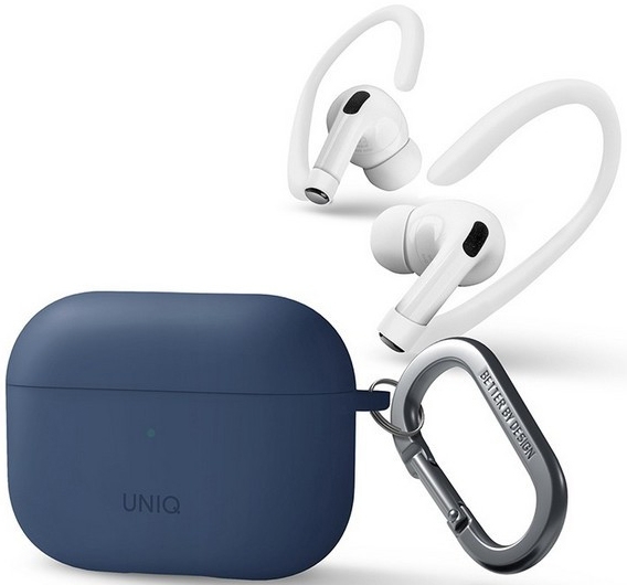 Чехол с карабином Uniq NEXO Liquid silicone + Sports ear hooks для AirPods Pro 2, синий (AIRPODSPRO2-NEXOBLU)