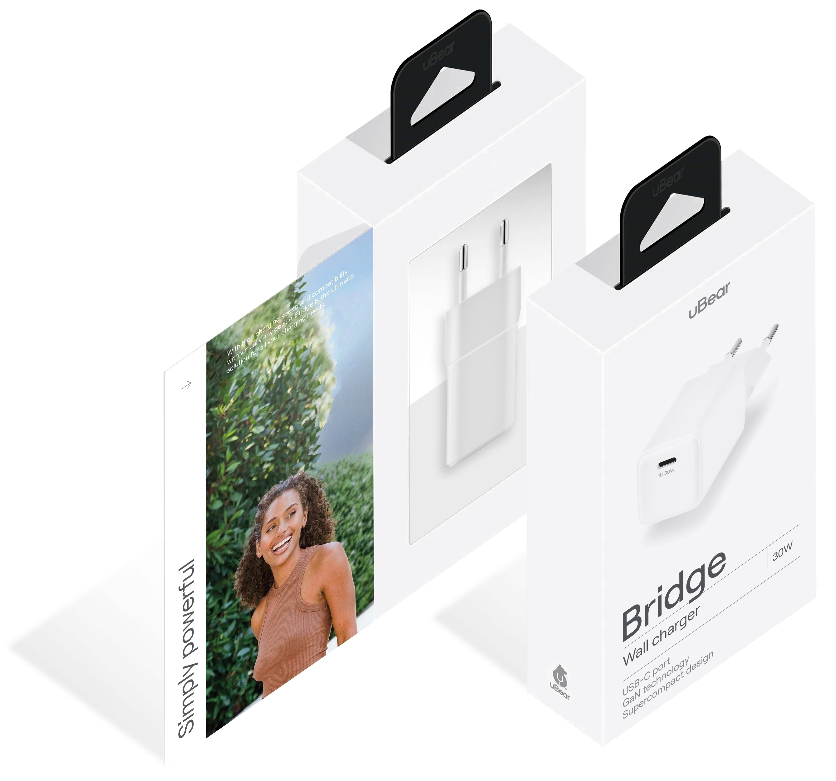 Cетевое зарядное устройство uBear Bridge USB-C, 30 Вт, GaN + Super Fast Charging, белый