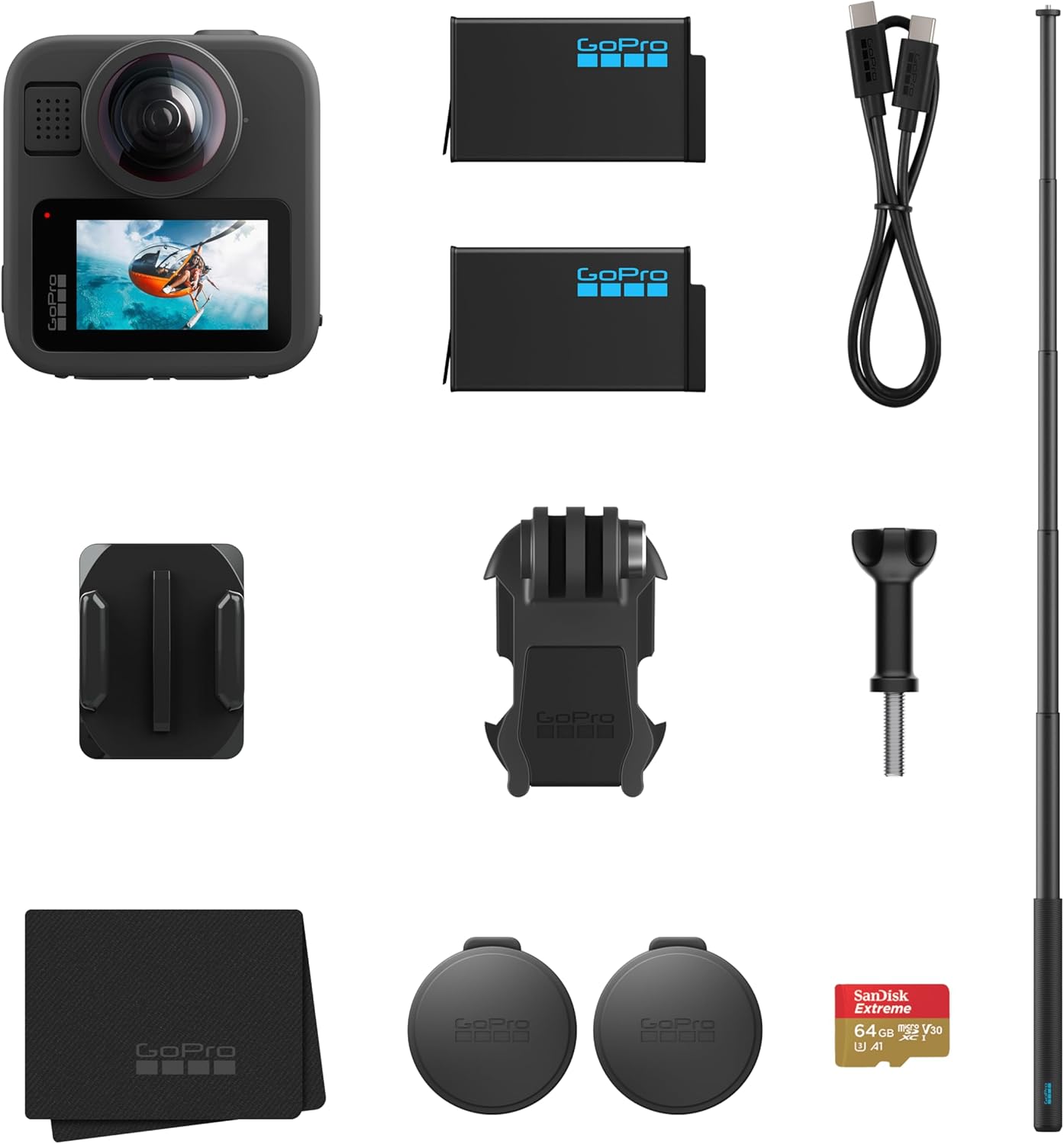 GoPro MAX 2 + Accessory Bundle - Includes 4ft (1.2m) Extension Pole, 2 1960mAh Enduro Batteries, 64GB SanDisk microSD Card, черный
