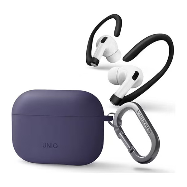 Чехол с карабином Uniq NEXO Liquid silicone + Sports ear hooks для AirPods Pro 2, фиолетовый (AIRPODSPRO2-NEXOPUR)