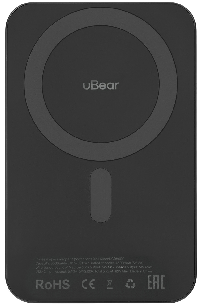 Внешний аккумулятор с беспроводной зарядкой uBear Cruise PD20W Qi2 8000 mAh, черный