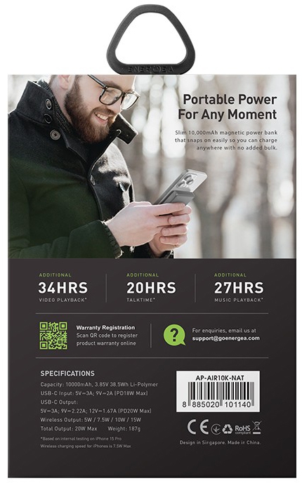 Внешний аккумулятор EnergEA Alupac Air 10000mAh MagSafe 15W, серый (Natural Titanium) AP-AIR10K-NAT