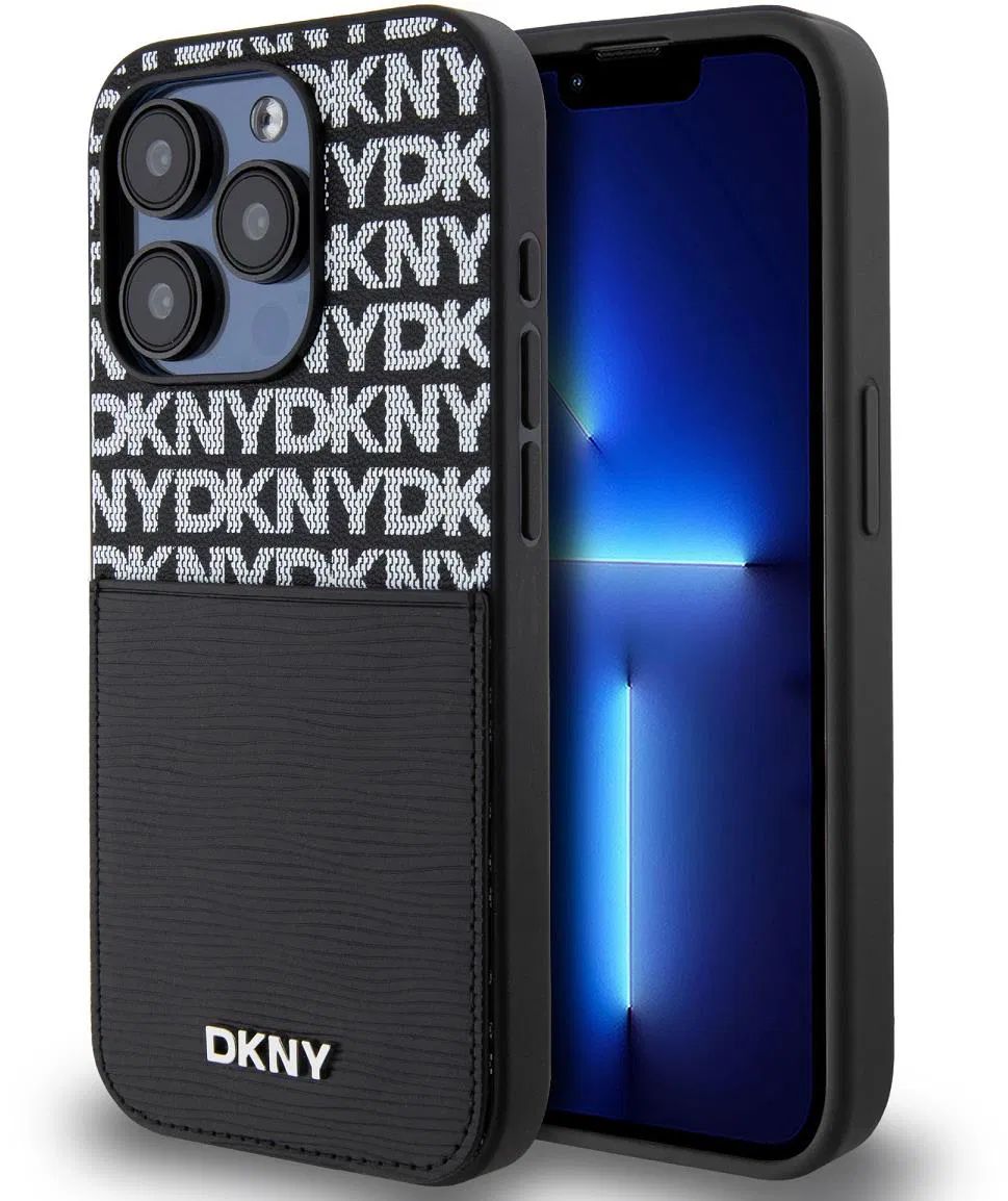 Чехол DKNY PU Repeat texture w/card Metal logo для iPhone 15 Pro Max, черный (hard black) DKHCP15XPCRTHLK 