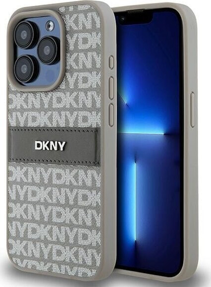 Чехол DKNY Texture Tonal stripe Metal logo для iPhone 15 Pro Max, бежевый (hard beige) DKHCP15XPRTHSLE