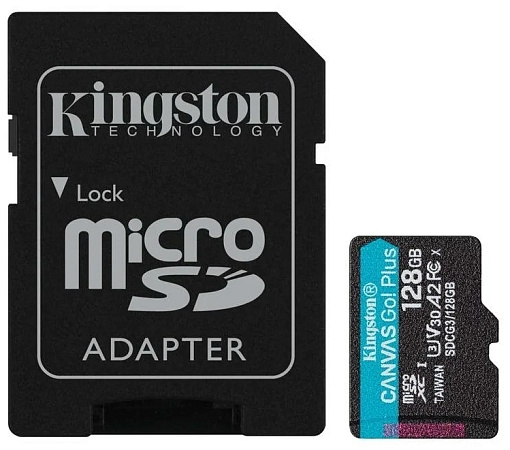 Карта памяти Kingston Canvas Go! Plus microSDXC 128 ГБ Class 10, V30, A2, UHS-I U3, R/W 170/90 МБ/с