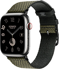 Apple Watch Hermes Series 9 45mm Silver Stainless Steel Case Toile H Single Tour, Vert/Noir