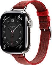 Apple Watch Hermes Series 10 42mm Silver Titanium Case with Twill Jump Attelage Single Tour, Rouge Grenat / Vermillon