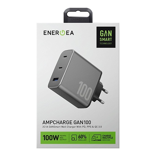 Сетевое зарядное устройство EnergEA AmpCharge GaN100, 2USB-C + USB-A PD/PPS/QC3.0 total 100W
