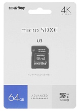 Карта памяти micro SDXC SmartBuy Advanced Series UHS-I U3 V30 A1 64ГБ + ADP