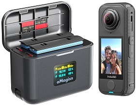 Зарядное устройство с цветным дисплеем и встроенным кабелем USB-C aMagisn для Insta 360 X4 Air 36 Вт, черный