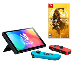 Игровая приставка Nintendo Switch (OLED model), неоновый синий/неоновый красный + игра Mortal Kombat 11