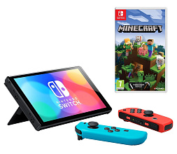 Игровая приставка Nintendo Switch (OLED model), неоновый синий/неоновый красный + игра Minecraft