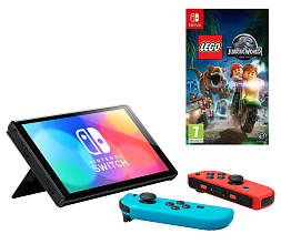 Игровая приставка Nintendo Switch (OLED model), неоновый синий/неоновый красный + игра LEGO Jurassic World