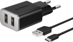Сетевое зарядное устройство Deppa 2 USB 2.4А + кабель USB Type-C, черный 11382