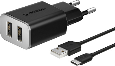 Сетевое зарядное устройство Deppa 2 USB 2.4А + кабель USB Type-C, черный 11382