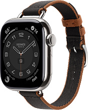 Apple Watch Hermes Series 10 42mm Silver Titanium Case with Twill Jump Attelage Single Tour, Noir/Gold