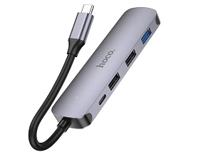 Адаптер HOCO HB27 (USB Hub Adapter Multifunction) - USB Type-С на Usb Type-С, USB2.0x2, USB 3.0, HDTV (HDMI), серый