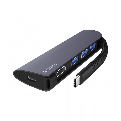 USB-C адаптер Deppa, HDMI, Power Delivery, 3 x USB 3.0, встроенный кабель